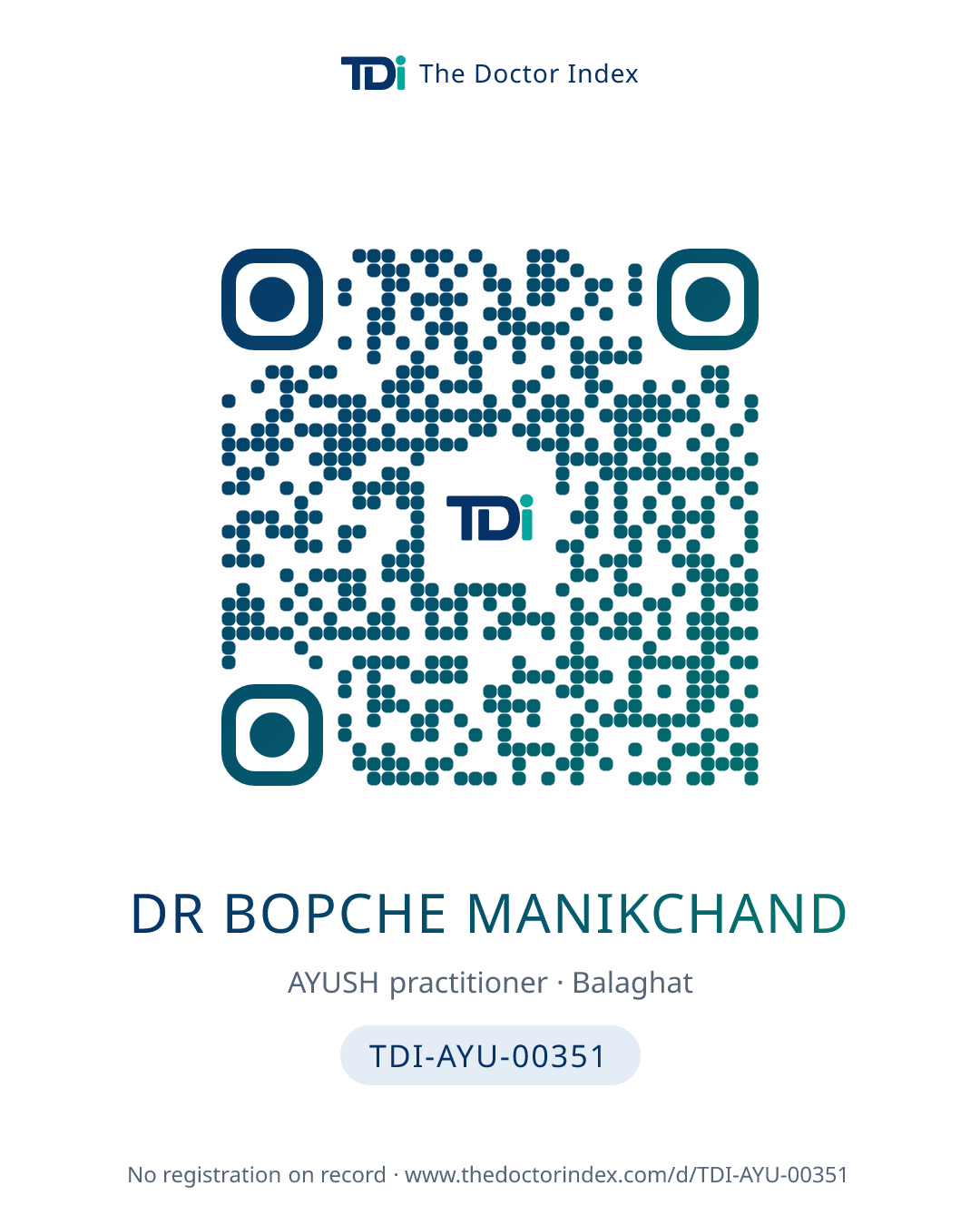QR card for Dr Bopche Manikchand, TDI-AYU-00351