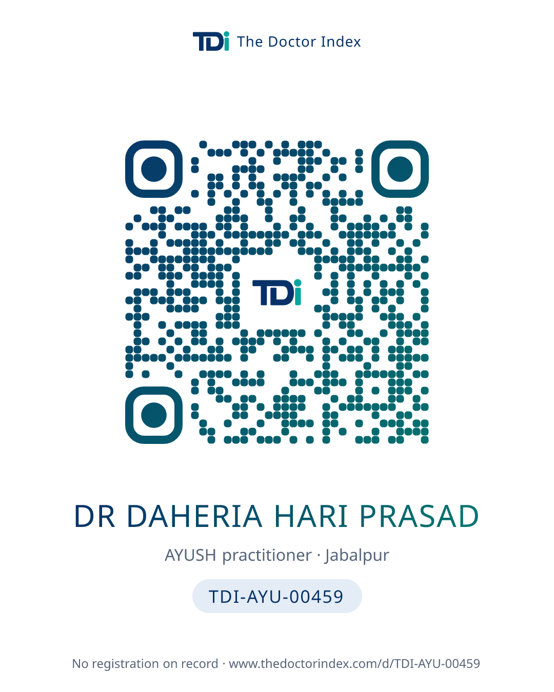QR card for Dr Daheria Hari Prasad, TDI-AYU-00459