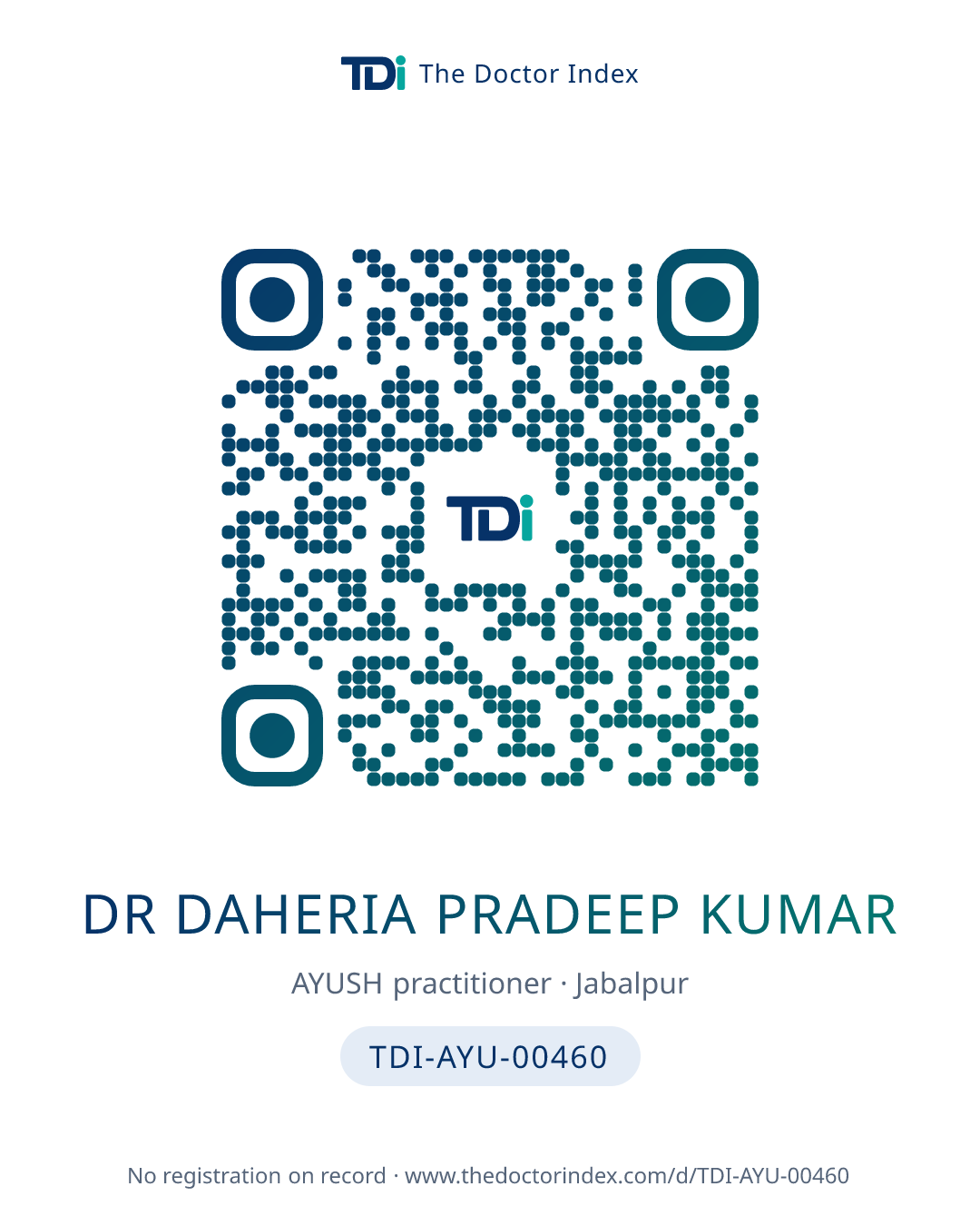 QR card for Dr Daheria Pradeep Kumar, TDI-AYU-00460
