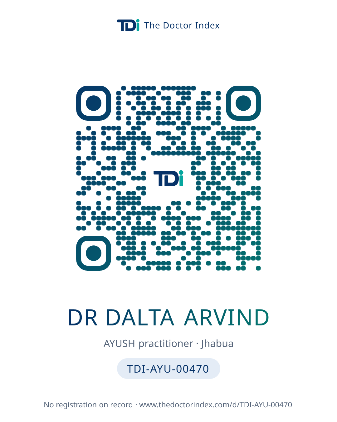 QR card for Dr Dalta Arvind, TDI-AYU-00470