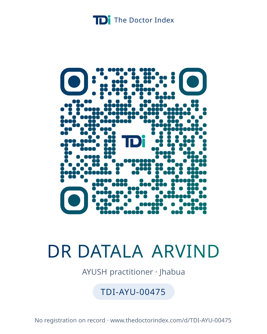 QR card for Dr Datala Arvind, TDI-AYU-00475