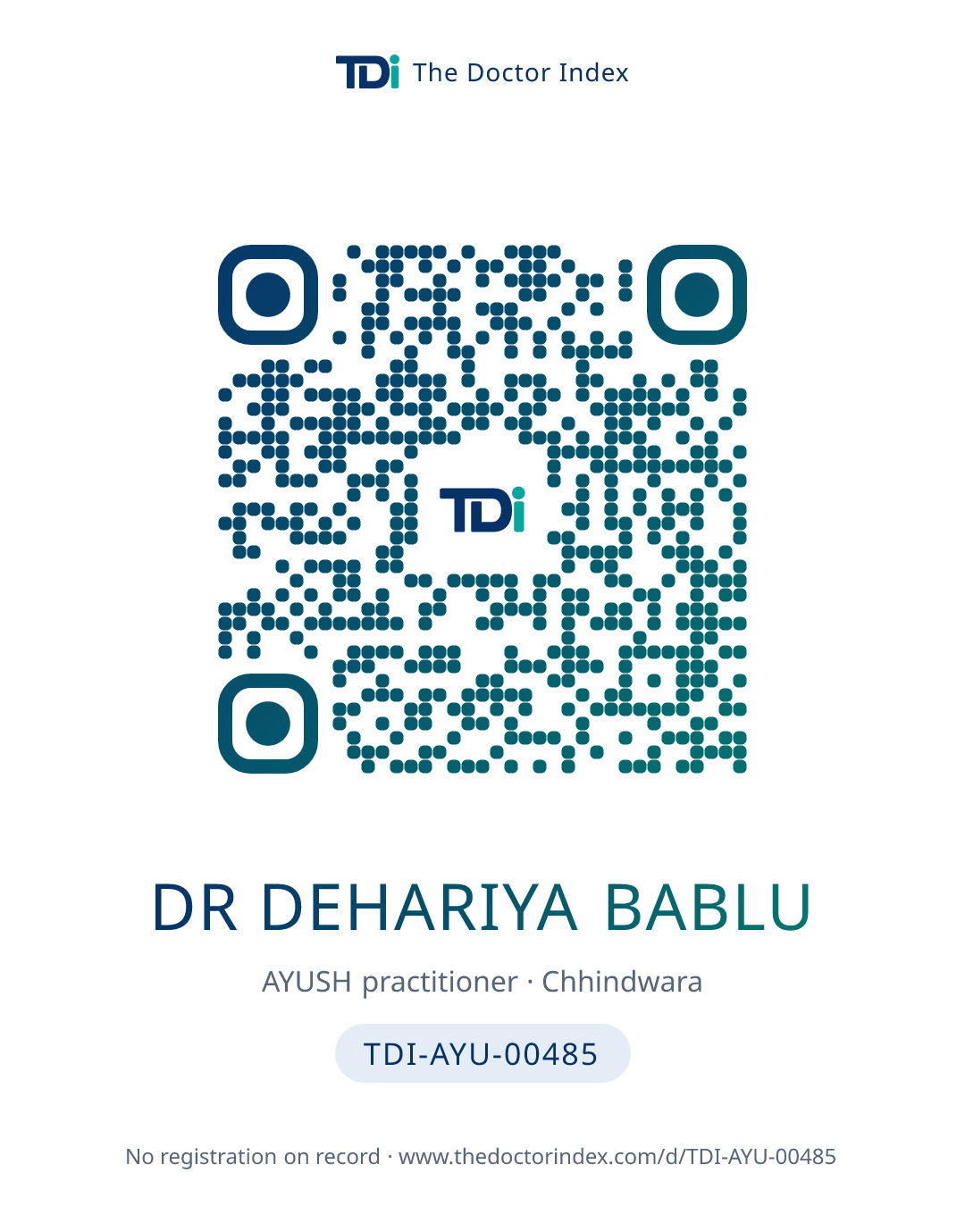 QR card for Dr Dehariya Bablu, TDI-AYU-00485