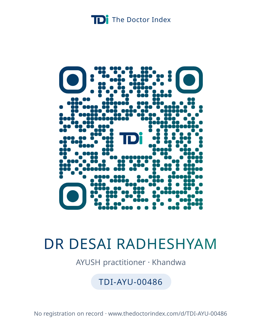 QR card for Dr Desai Radheshyam, TDI-AYU-00486