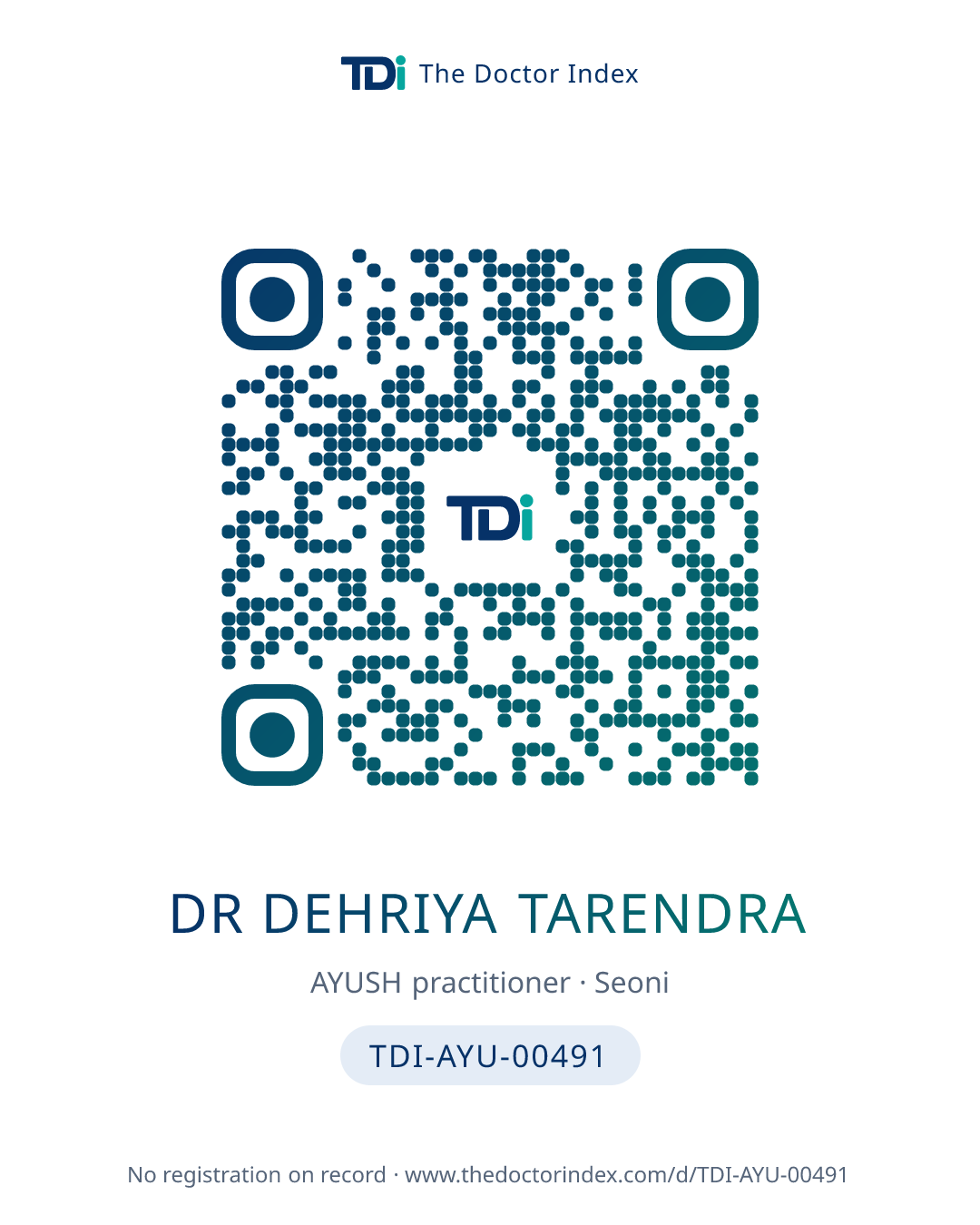 QR card for Dr Dehriya Tarendra, TDI-AYU-00491