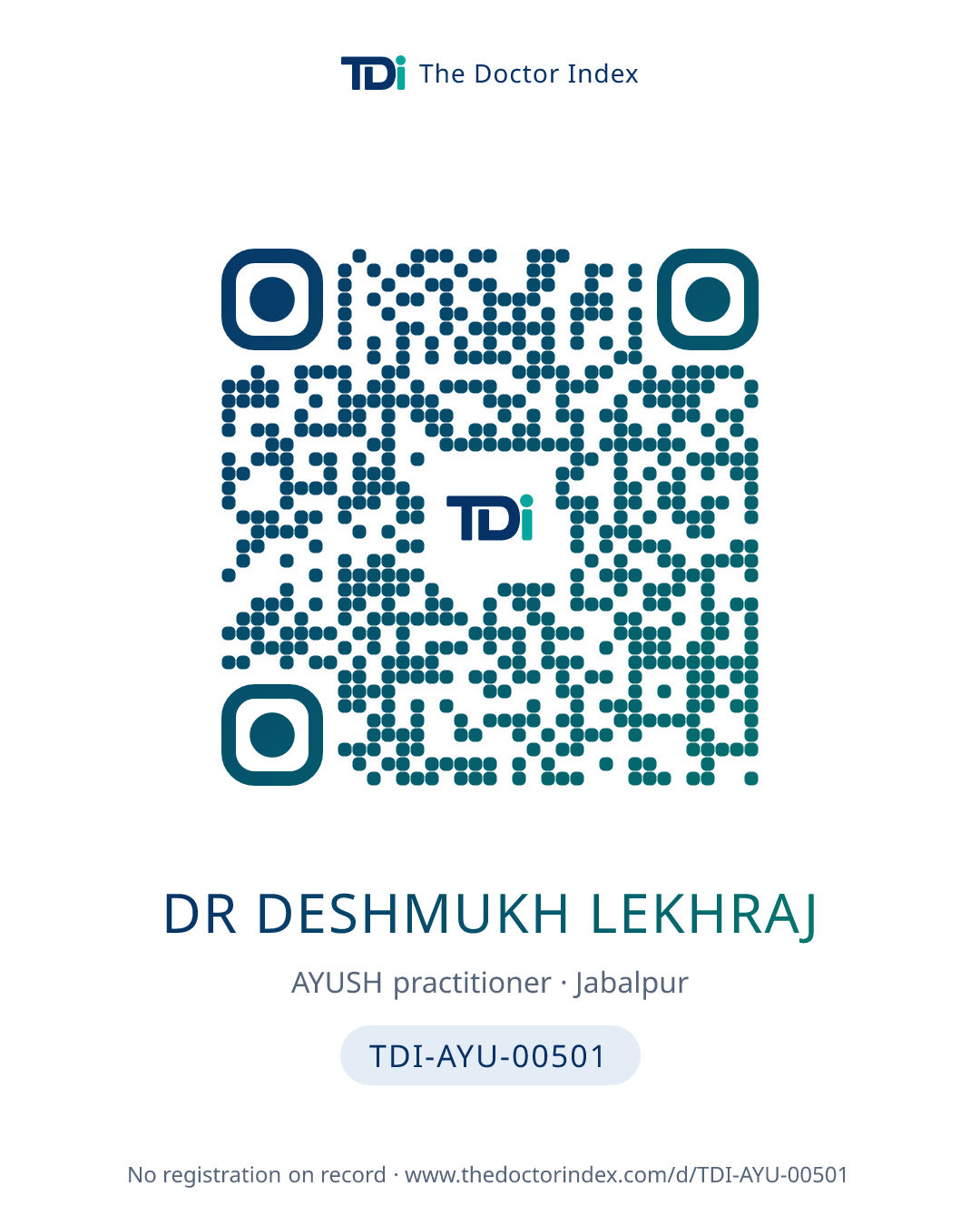 QR card for Dr Deshmukh Lekhraj, TDI-AYU-00501