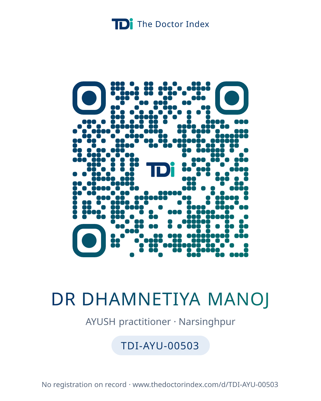 QR card for Dr Dhamnetiya Manoj, TDI-AYU-00503