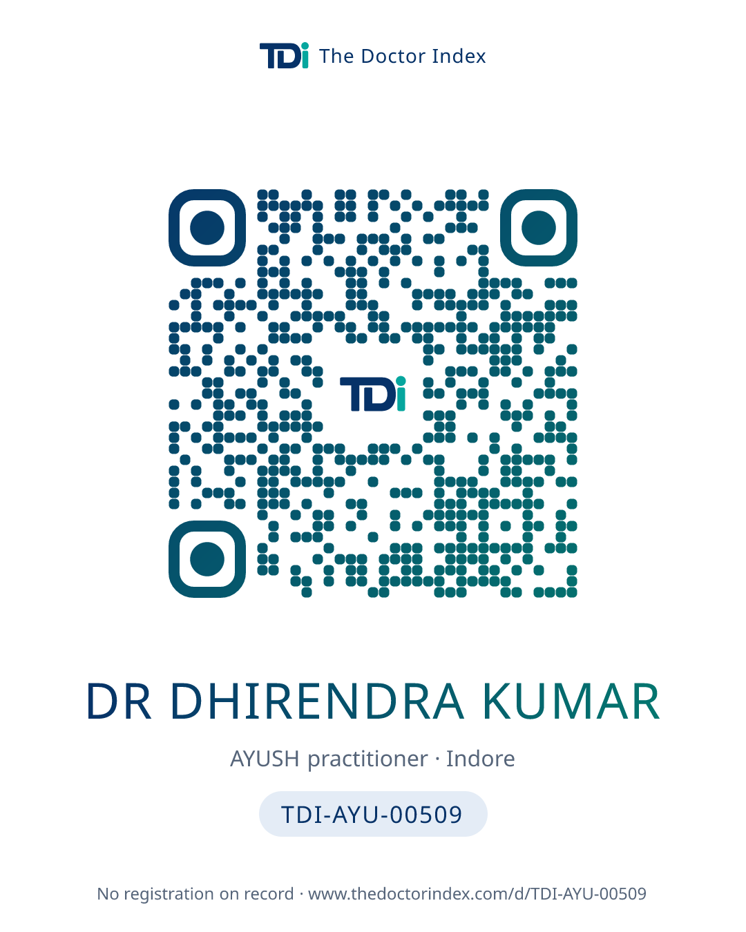 QR card for Dr Dhirendra Kumar, TDI-AYU-00509