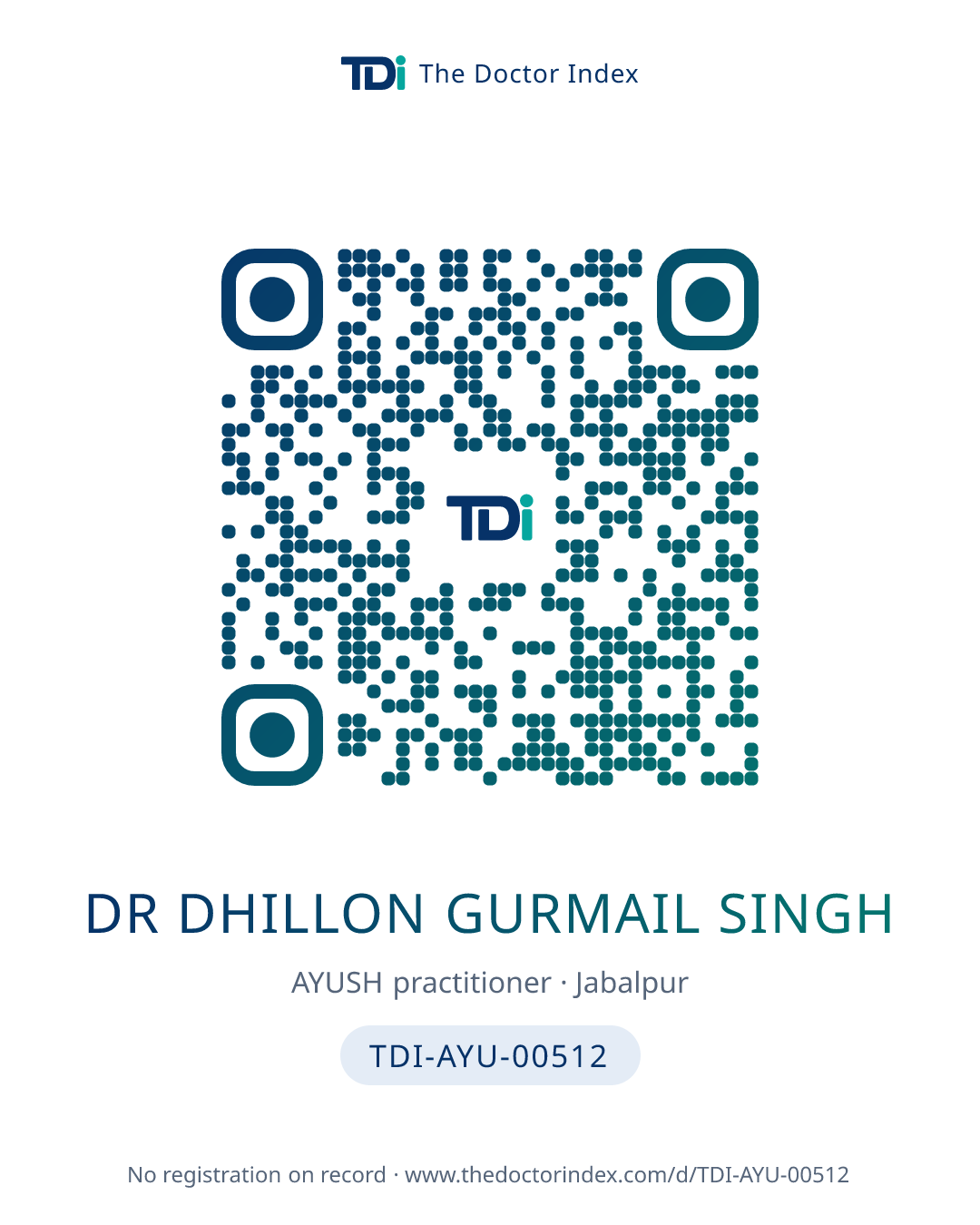 QR card for Dr Dhillon Gurmail Singh, TDI-AYU-00512
