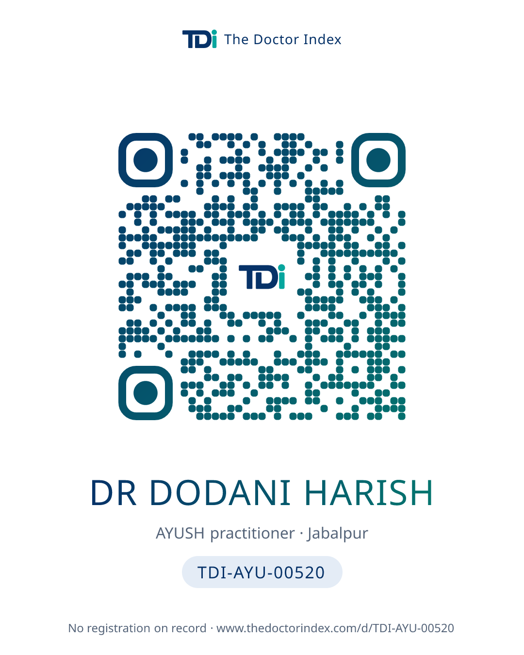 QR card for Dr Dodani Harish, TDI-AYU-00520