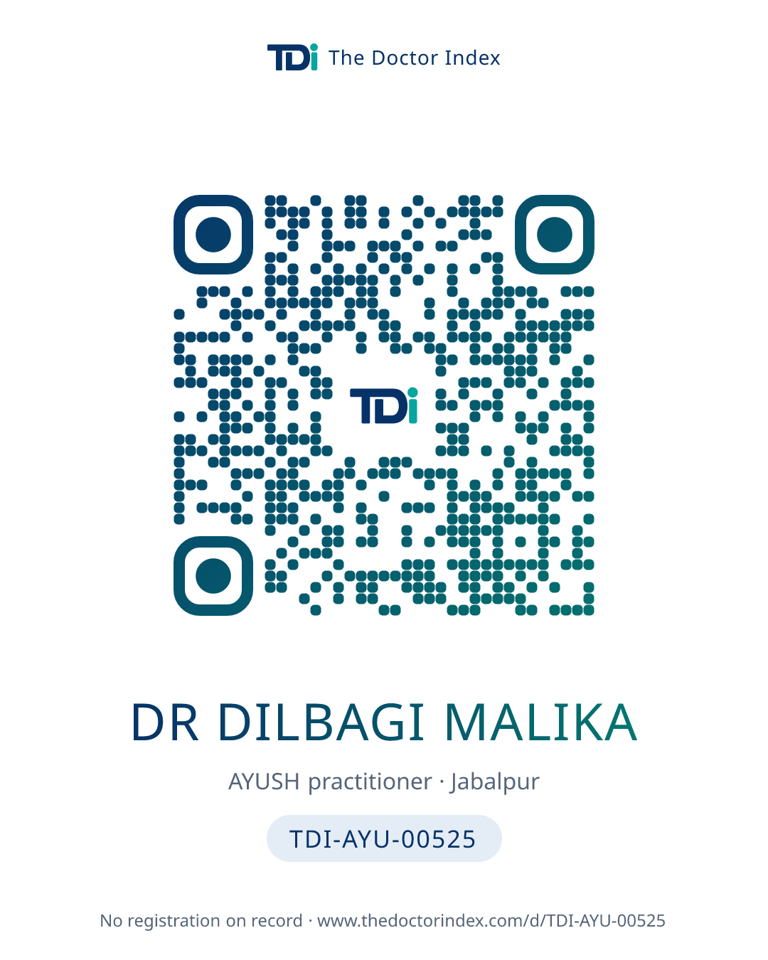 QR card for Dr Dilbagi Malika, TDI-AYU-00525
