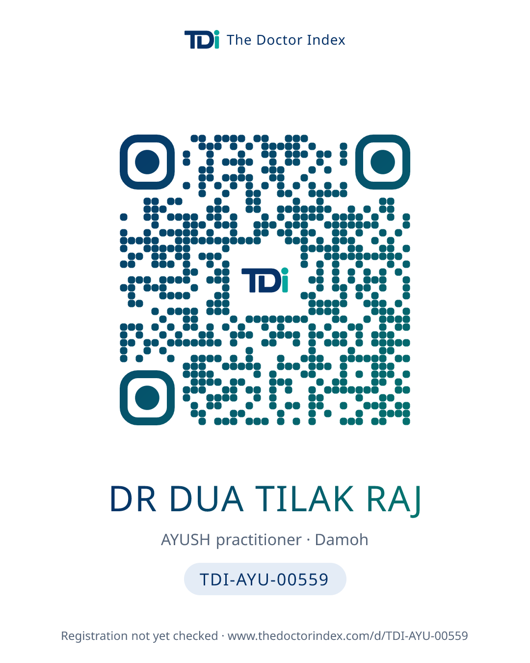 QR card for Dr Dua Tilak Raj, TDI-AYU-00559