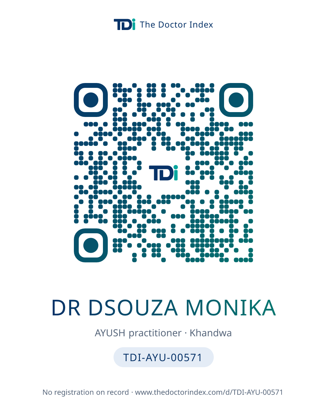 QR card for Dr Dsouza Monika, TDI-AYU-00571