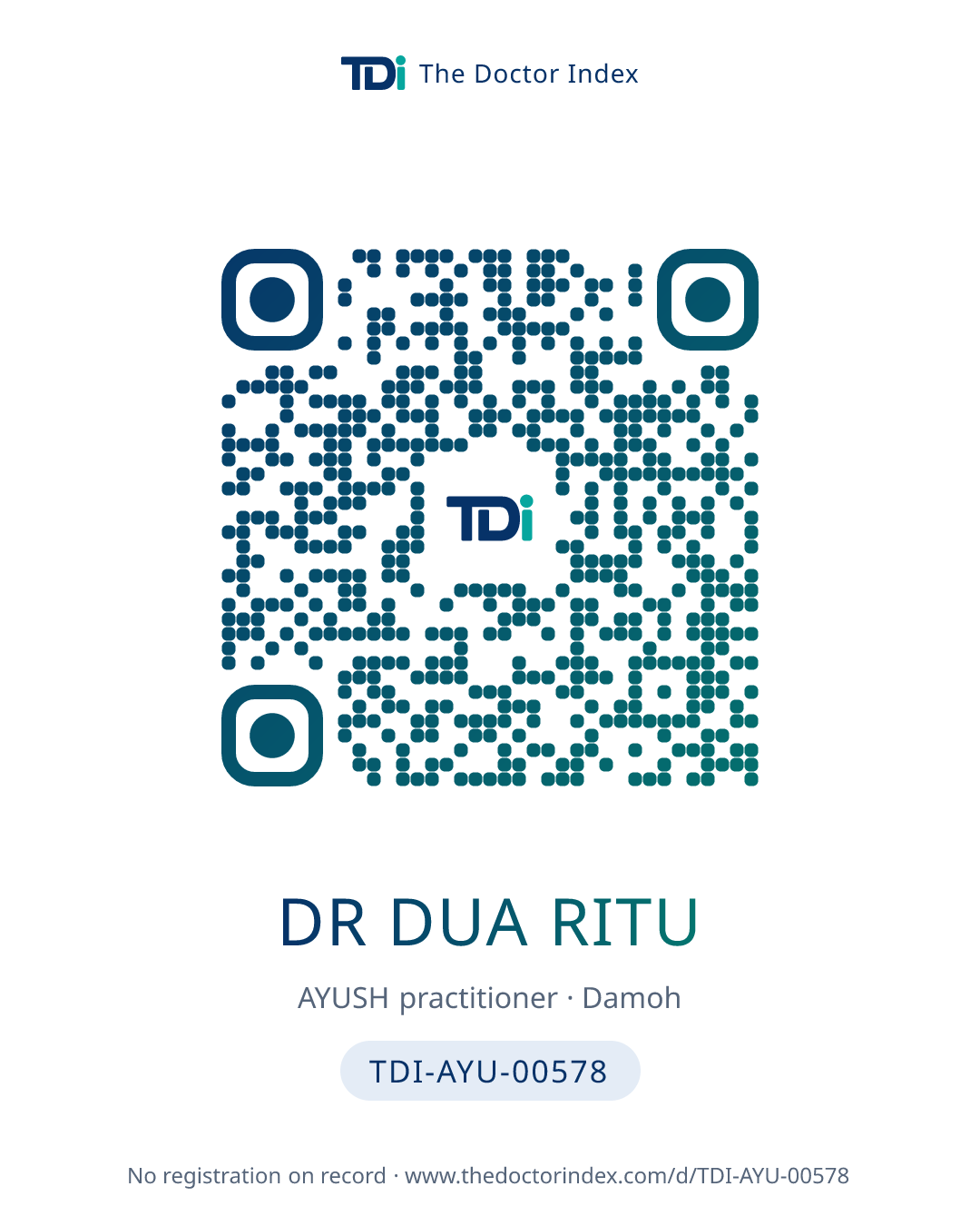 QR card for Dr Dua Ritu, TDI-AYU-00578