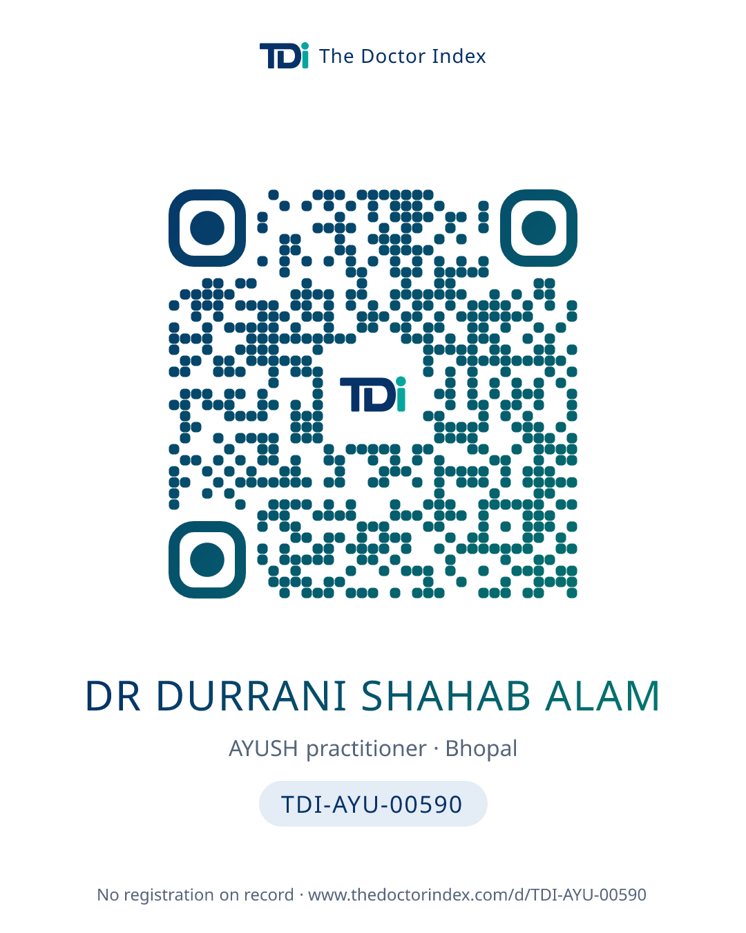 QR card for Dr Durrani Shahab Alam, TDI-AYU-00590