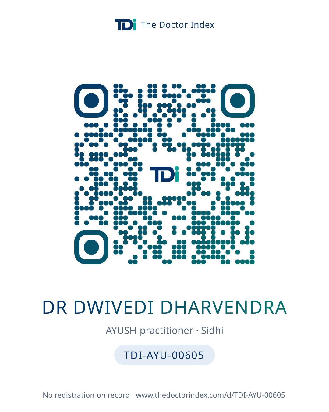 QR card for Dr Dwivedi Dharvendra, TDI-AYU-00605