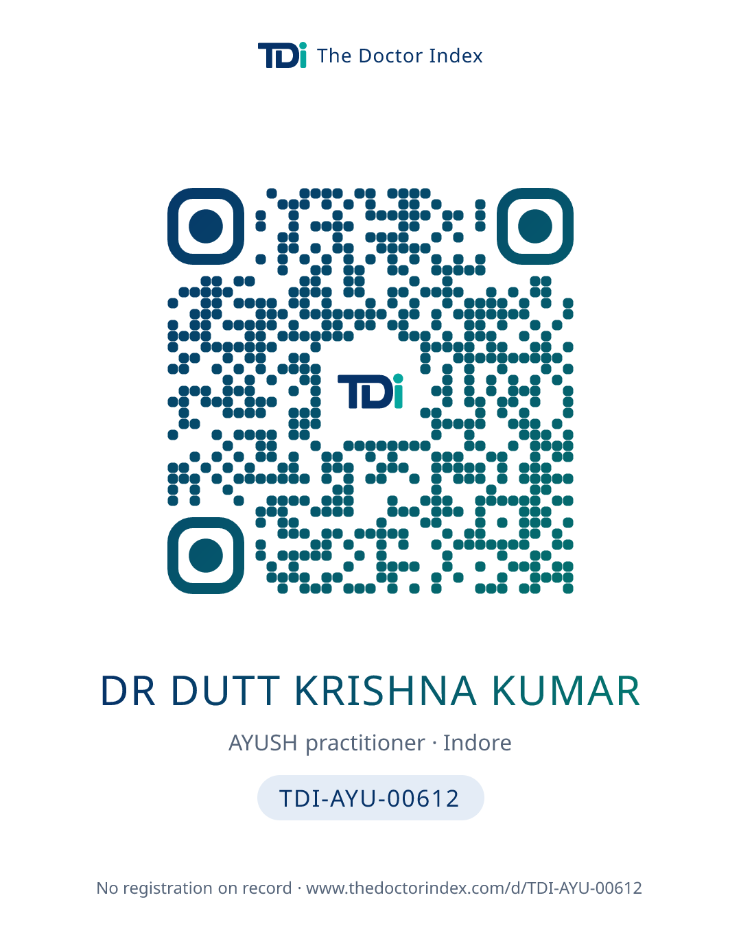 QR card for Dr Dutt Krishna Kumar, TDI-AYU-00612