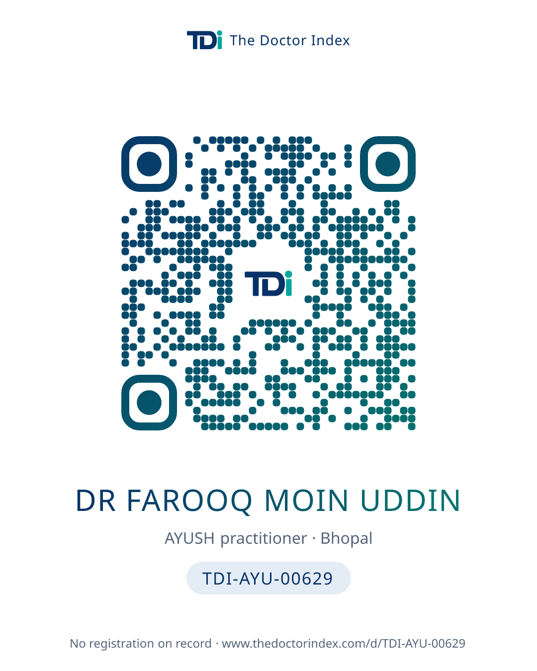 QR card for Dr Farooq Moin Uddin, TDI-AYU-00629
