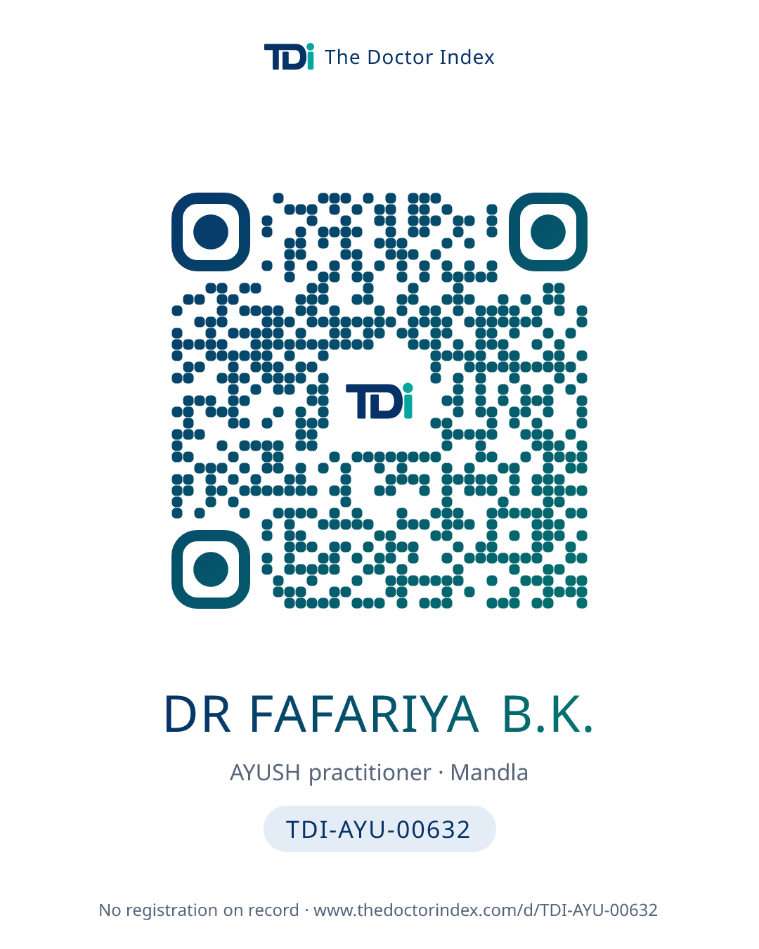 QR card for Dr Fafariya B.K., TDI-AYU-00632