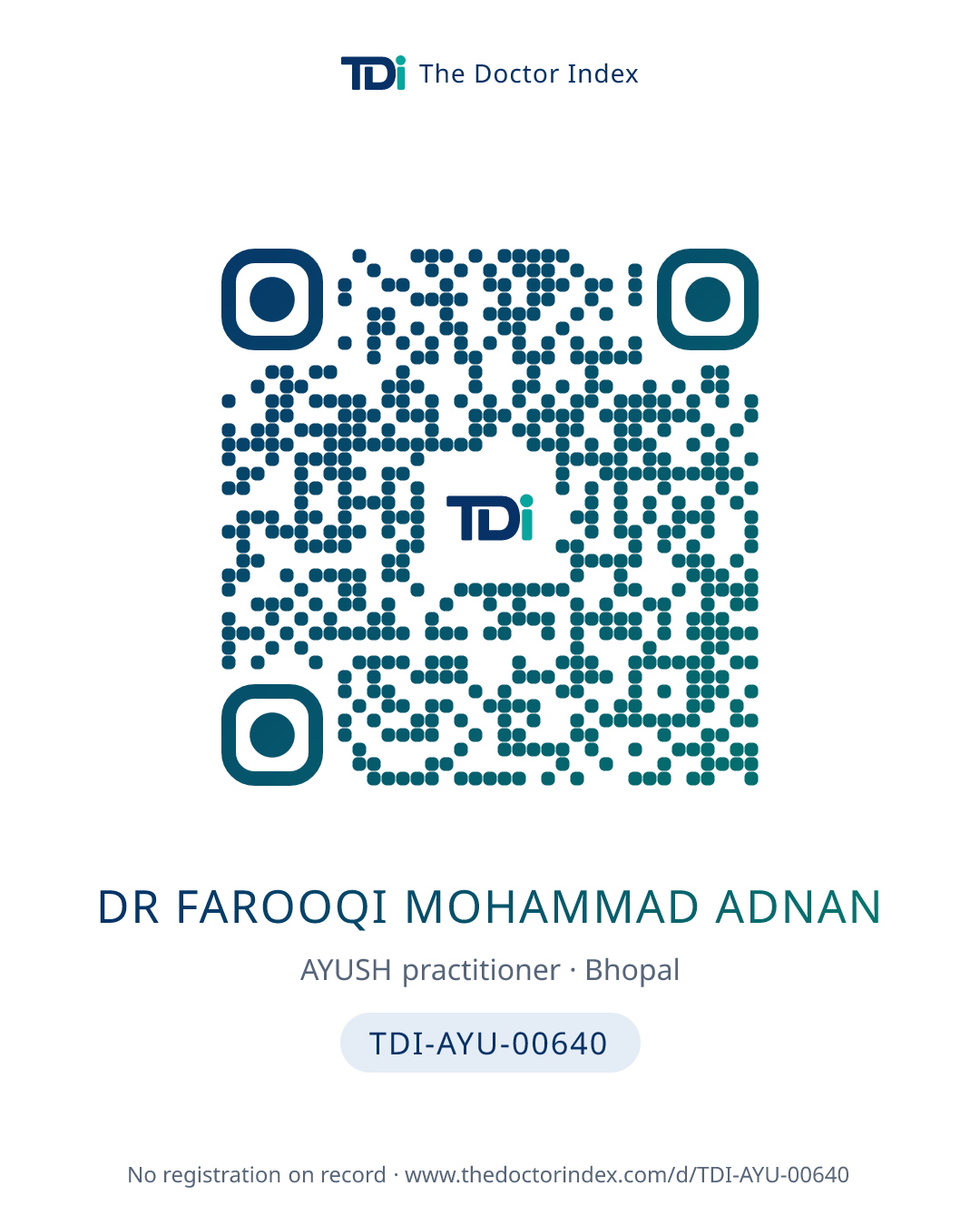 QR card for Dr Farooqi Mohammad Adnan, TDI-AYU-00640
