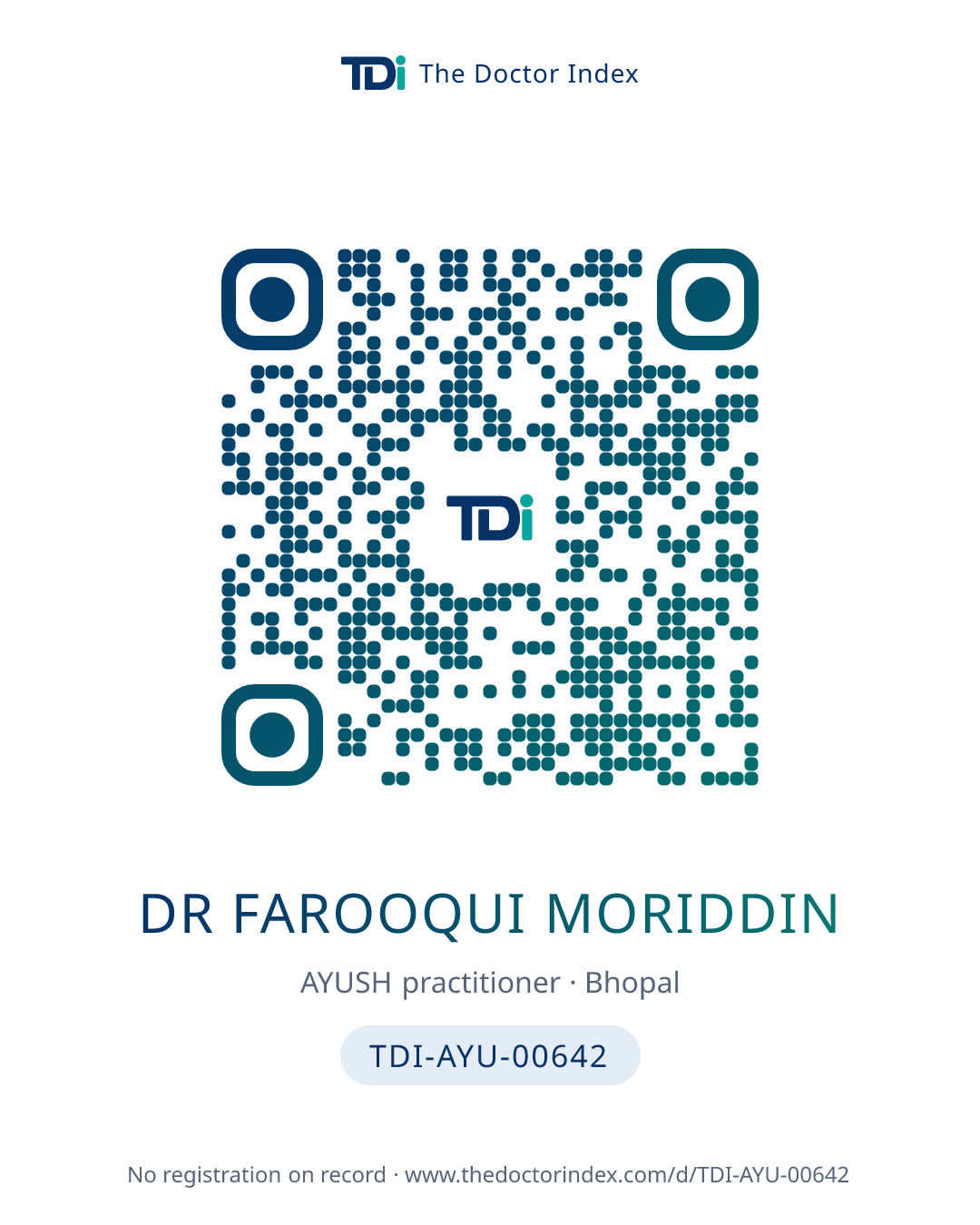 QR card for Dr Farooqui Moriddin, TDI-AYU-00642