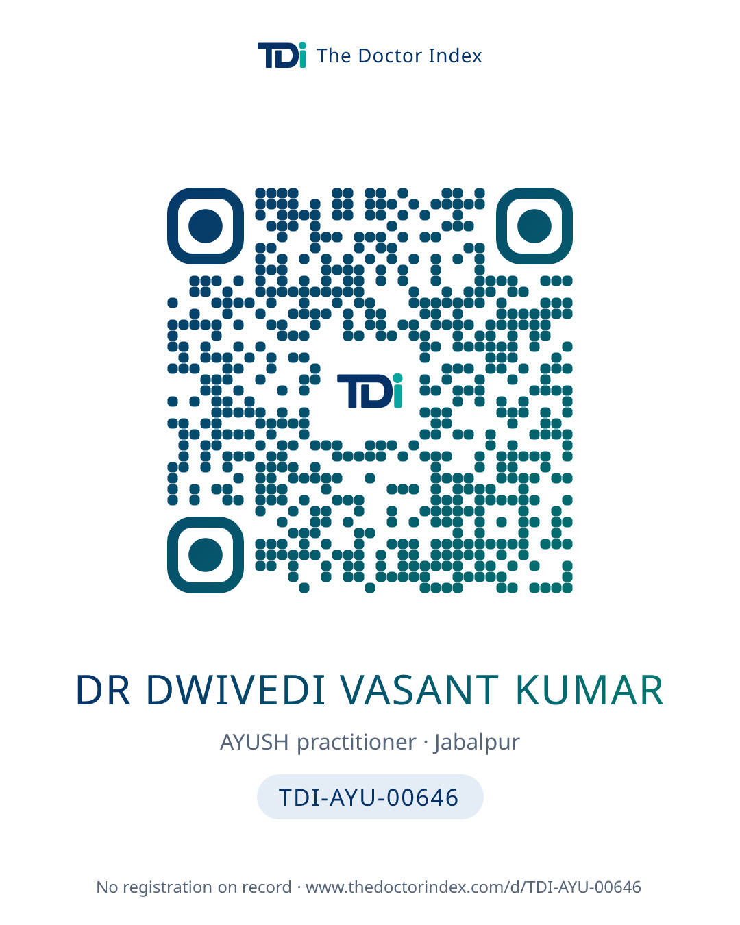 QR card for Dr Dwivedi Vasant Kumar, TDI-AYU-00646