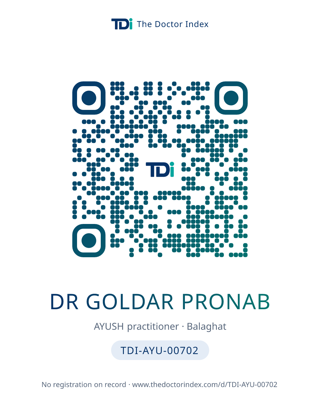 QR card for Dr Goldar Pronab, TDI-AYU-00702
