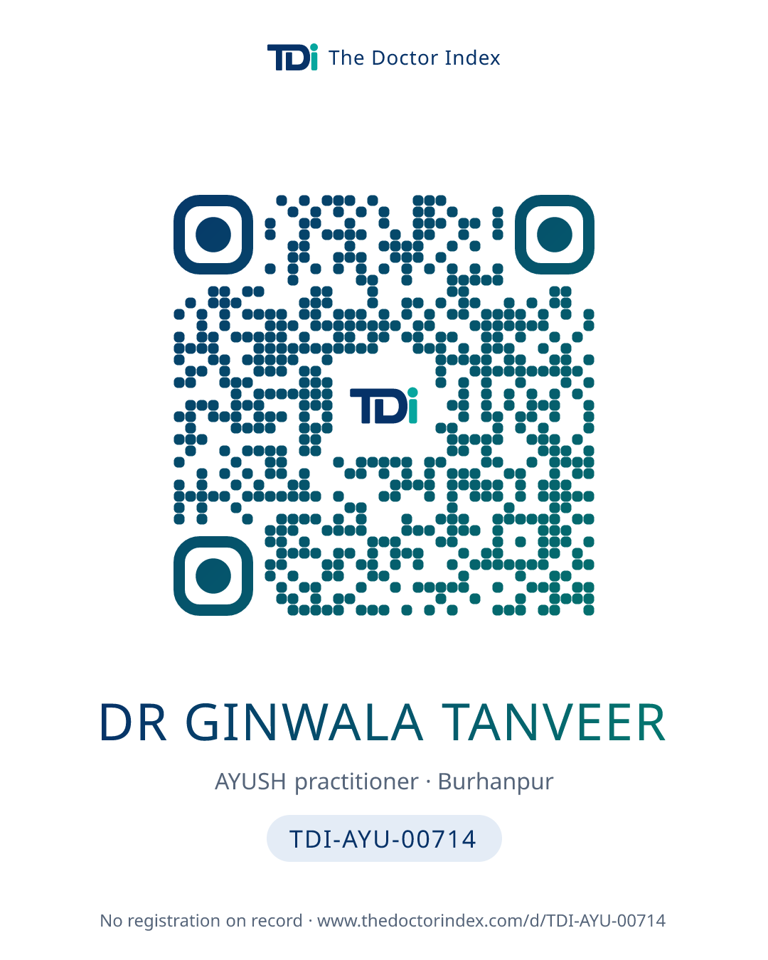QR card for Dr Ginwala Tanveer, TDI-AYU-00714