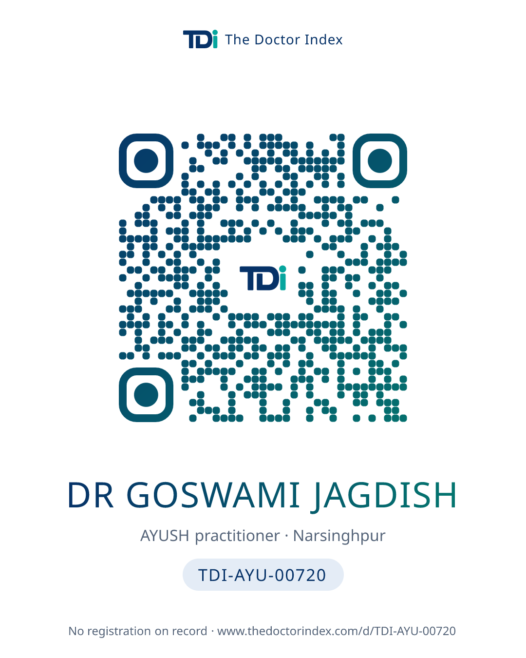 QR card for Dr Goswami Jagdish, TDI-AYU-00720