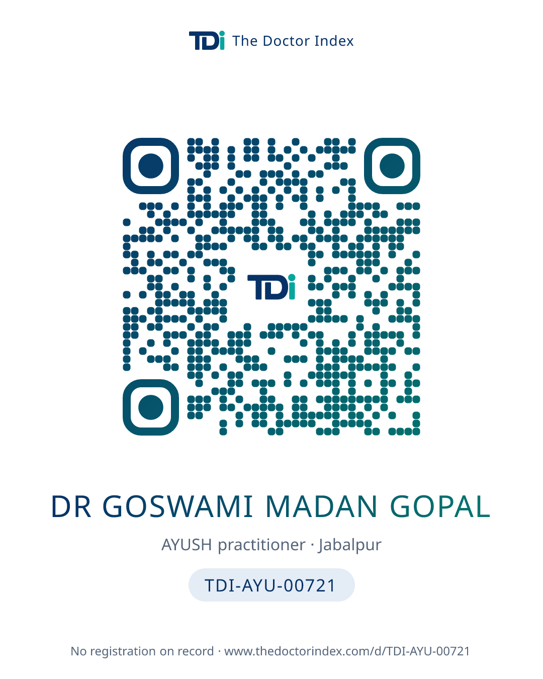 QR card for Dr Goswami Madan Gopal, TDI-AYU-00721