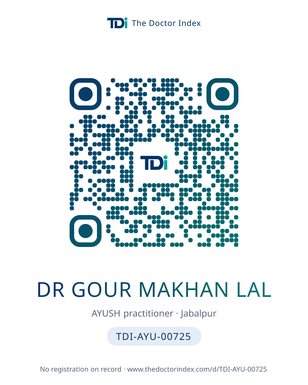 QR card for Dr Gour Makhan Lal, TDI-AYU-00725