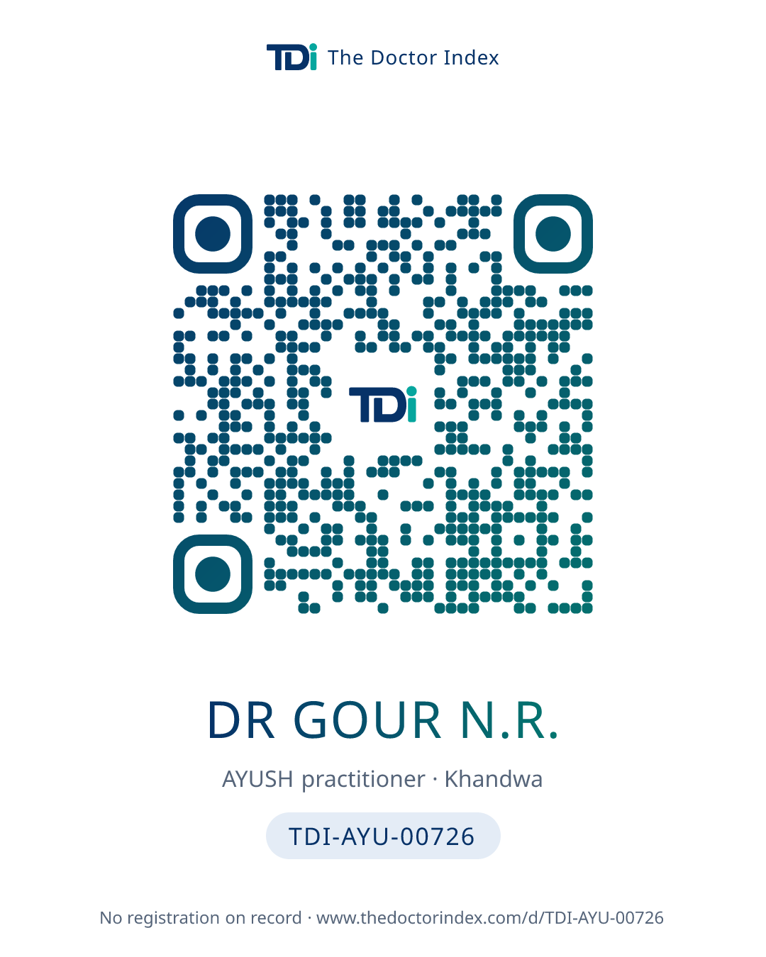 QR card for Dr Gour N.R., TDI-AYU-00726