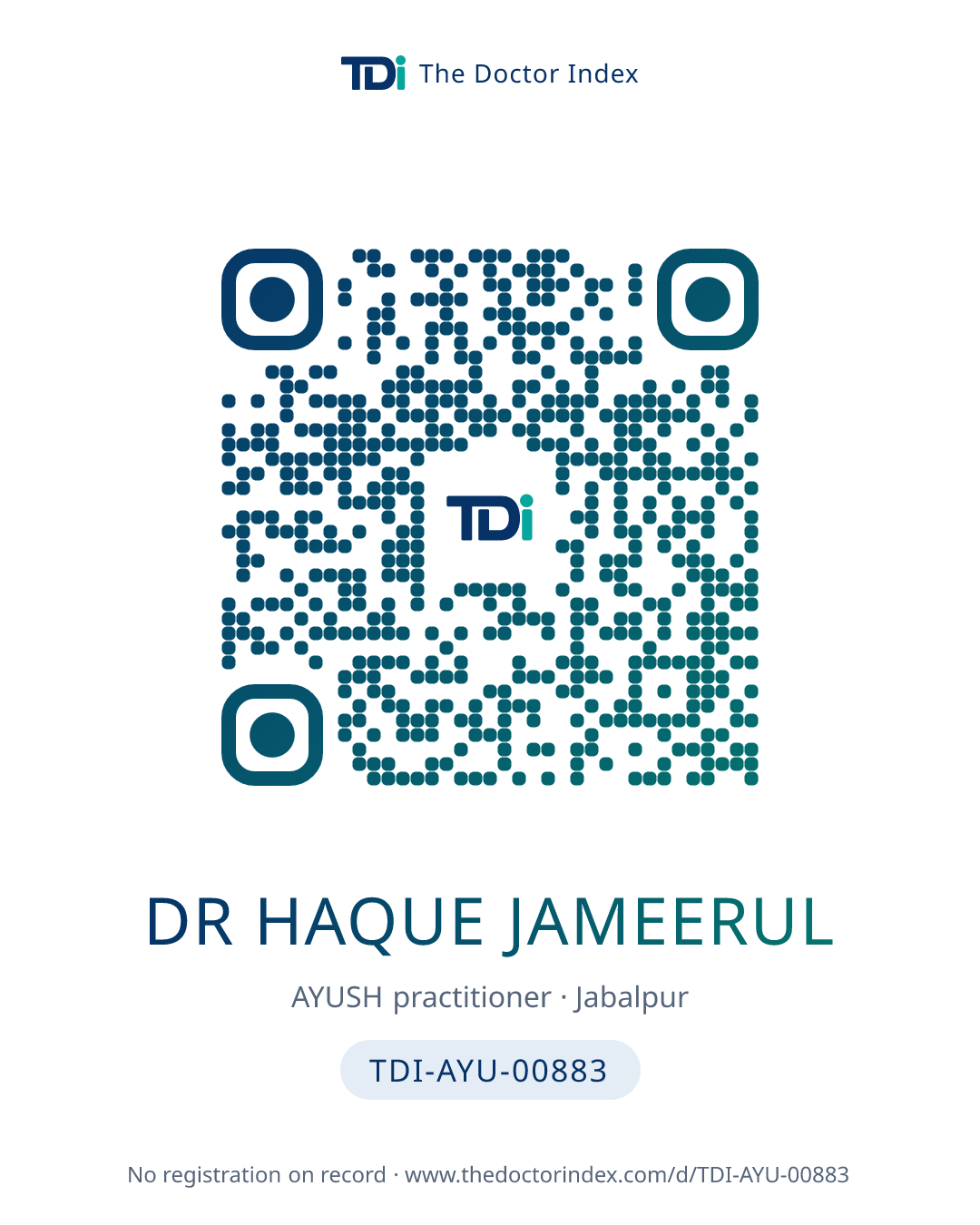 QR card for Dr Haque Jameerul, TDI-AYU-00883