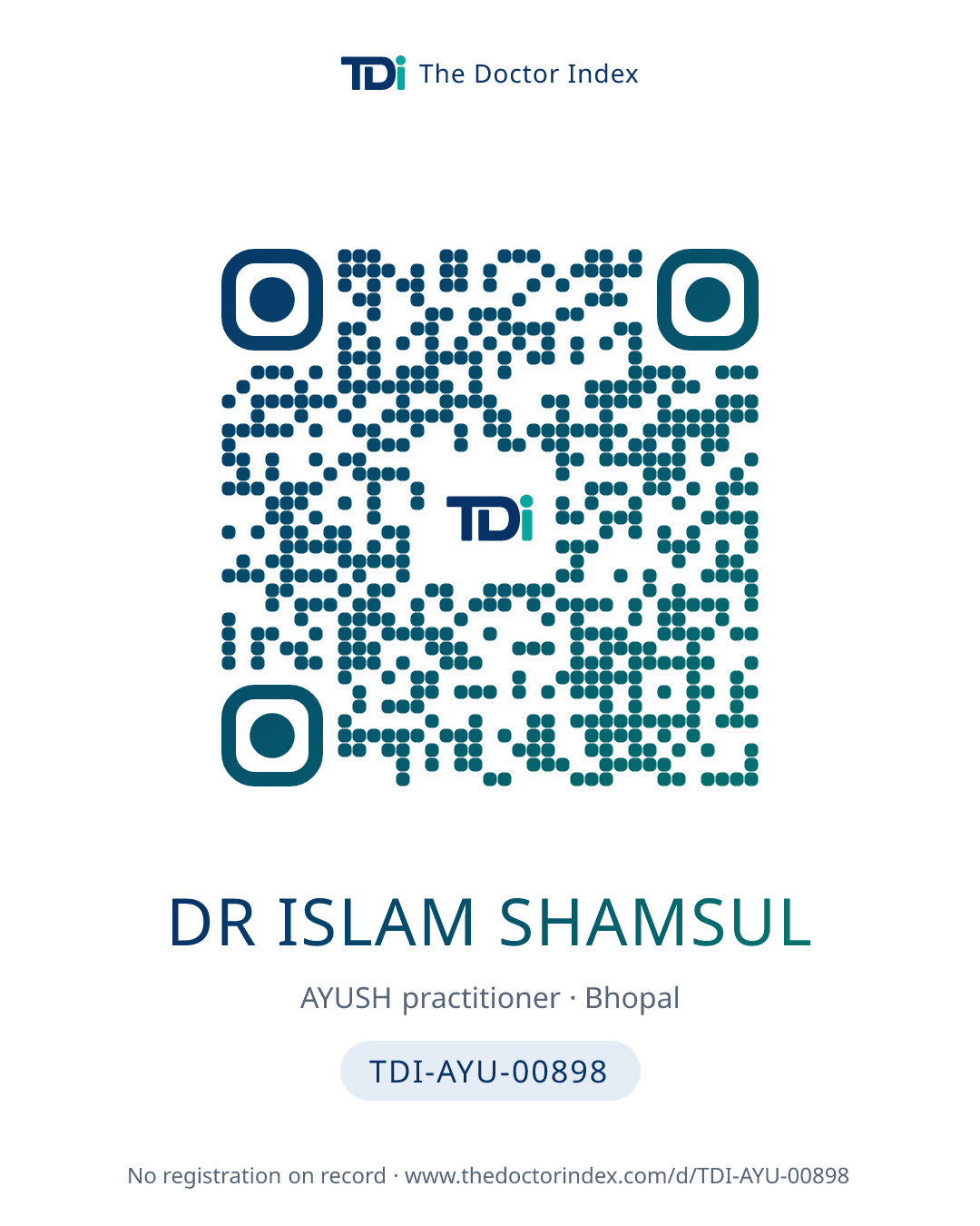 QR card for Dr Islam Shamsul, TDI-AYU-00898