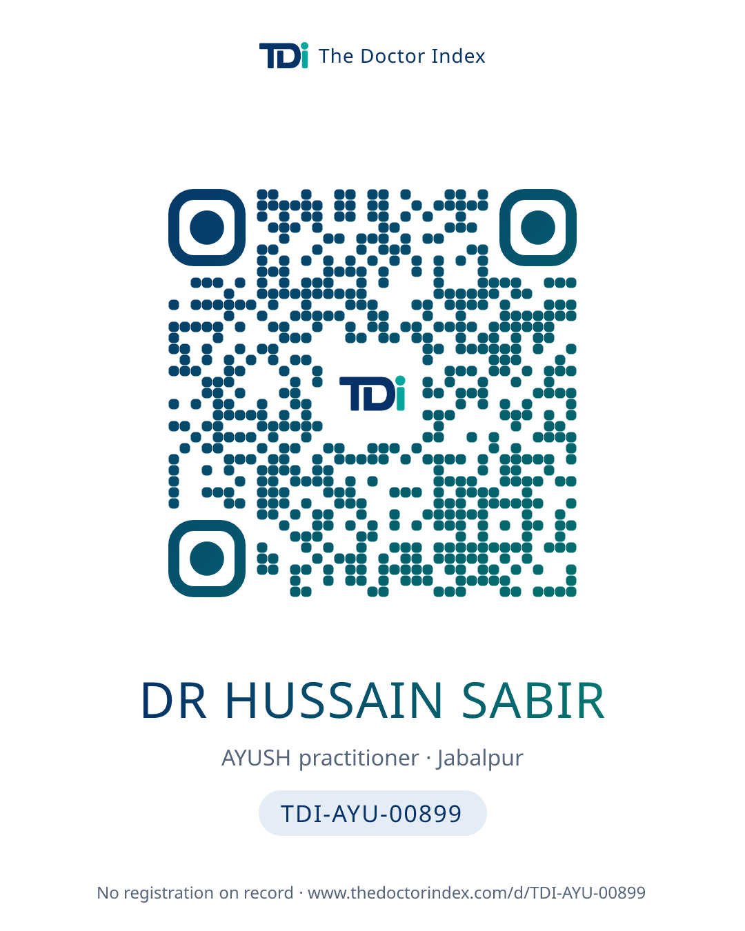 QR card for Dr Hussain Sabir, TDI-AYU-00899