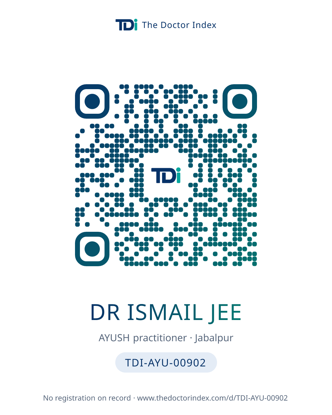 QR card for Dr Ismail Jee, TDI-AYU-00902