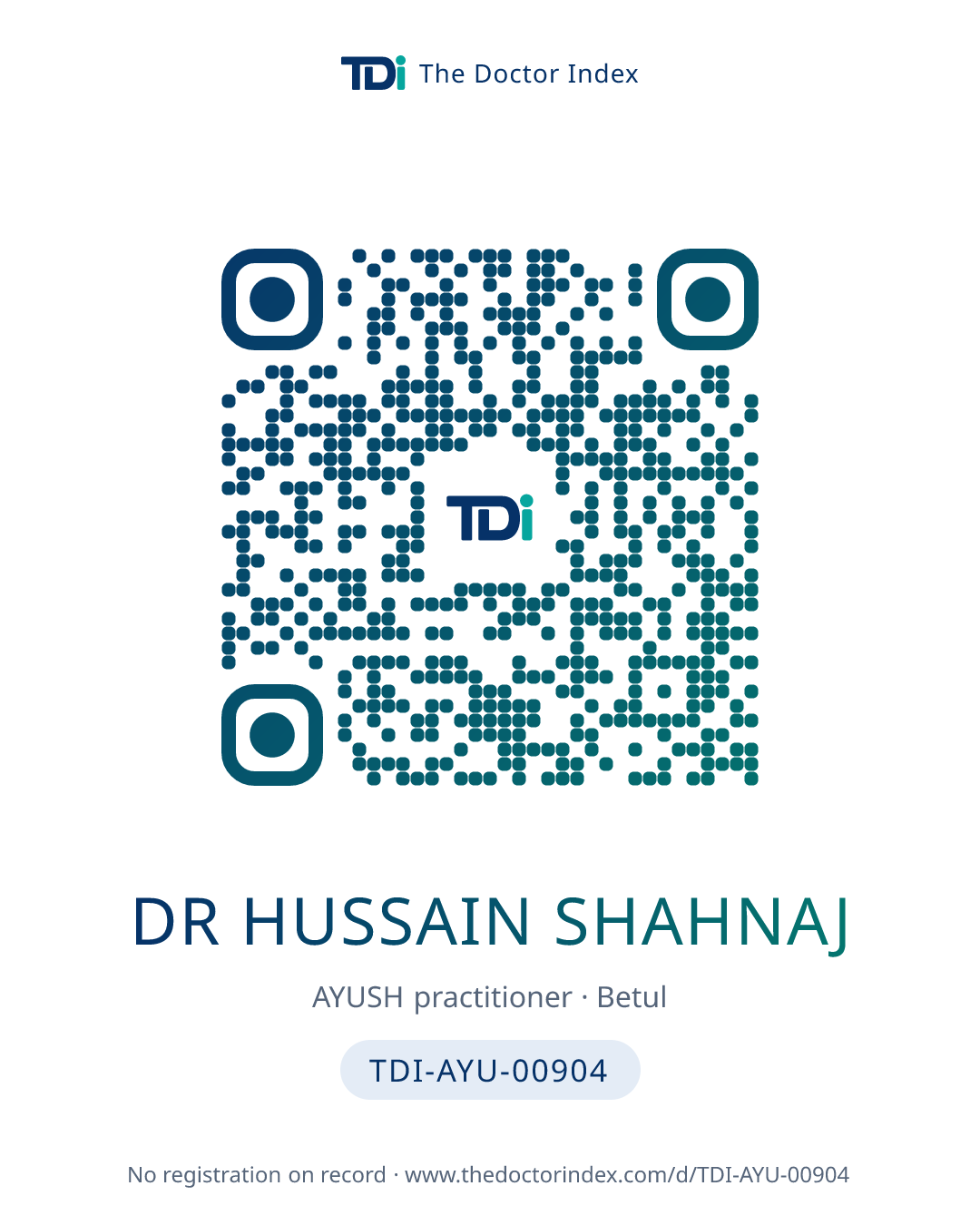 QR card for Dr Hussain Shahnaj, TDI-AYU-00904