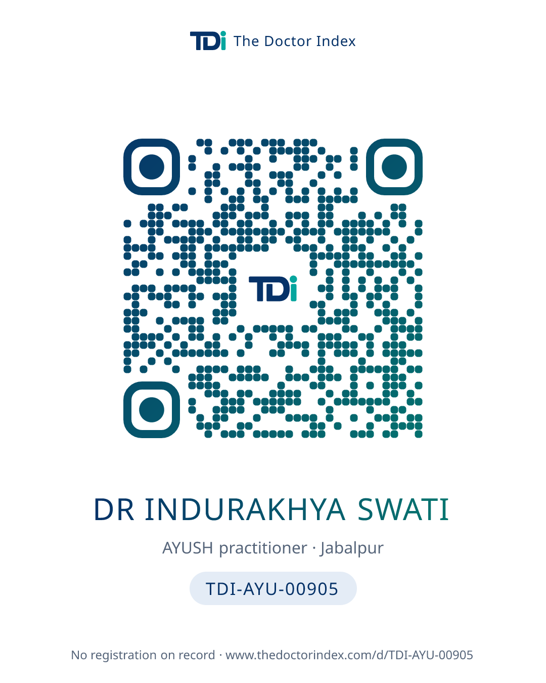 QR card for Dr Indurakhya Swati, TDI-AYU-00905