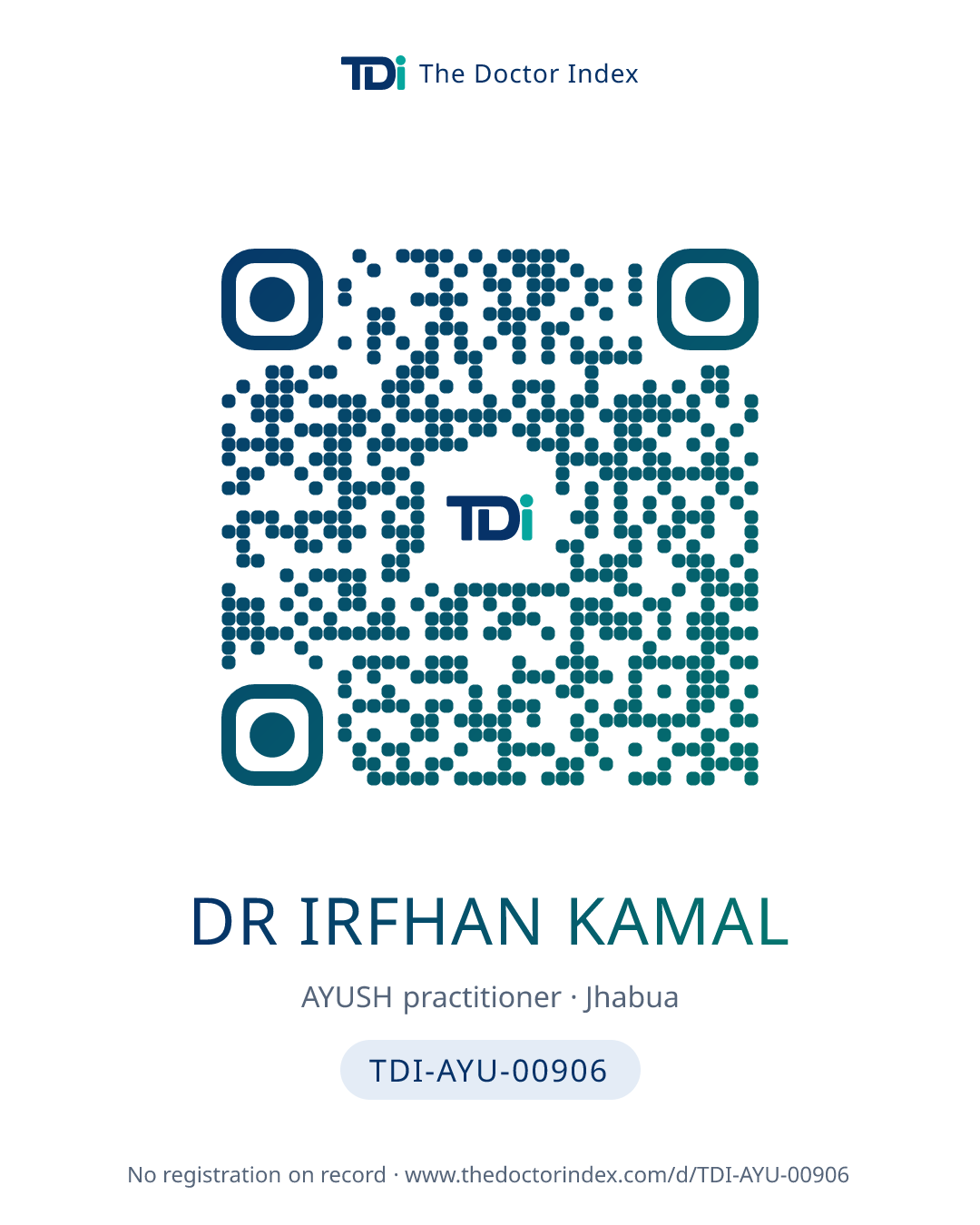QR card for Dr Irfhan Kamal, TDI-AYU-00906