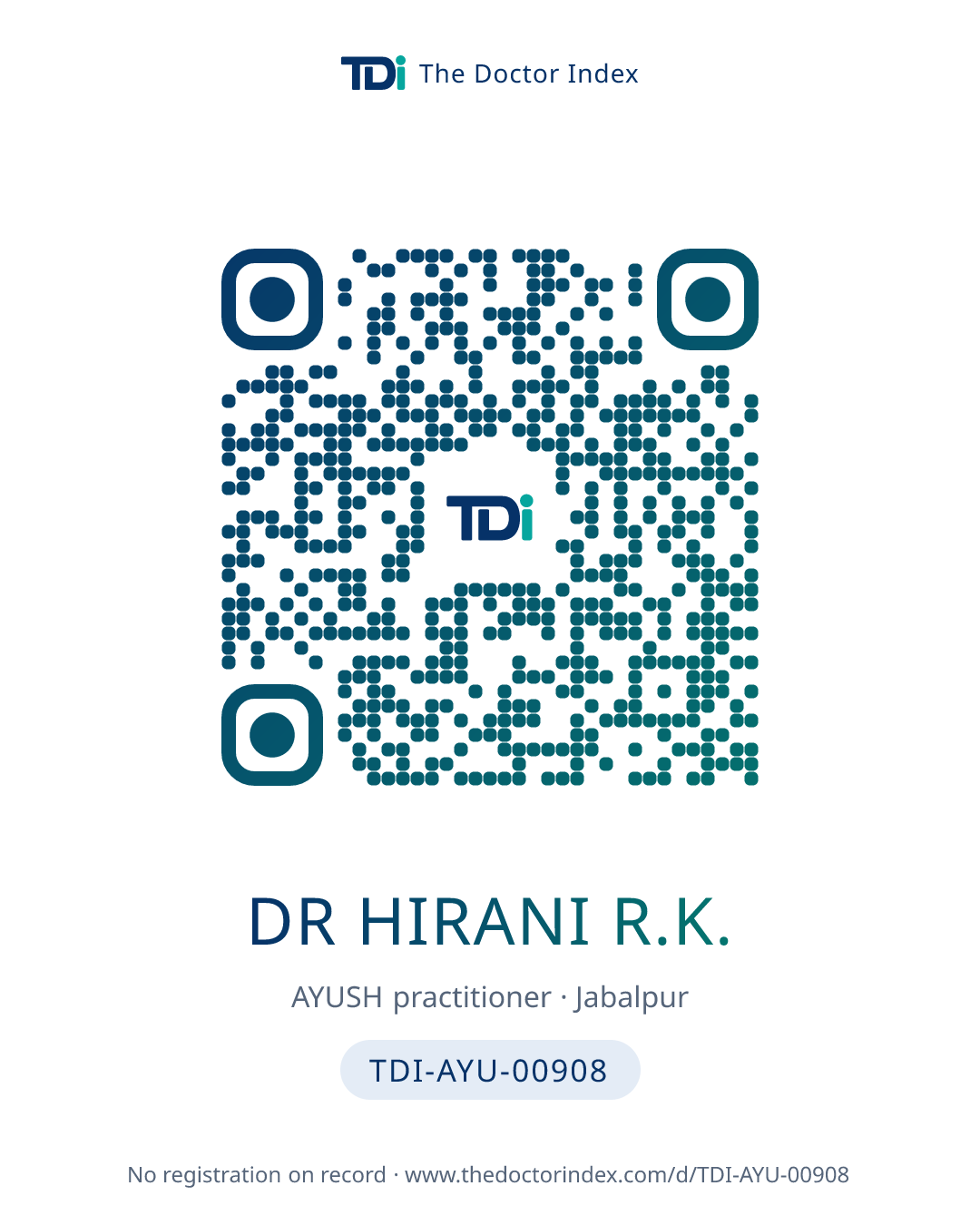 QR card for Dr Hirani R.K., TDI-AYU-00908