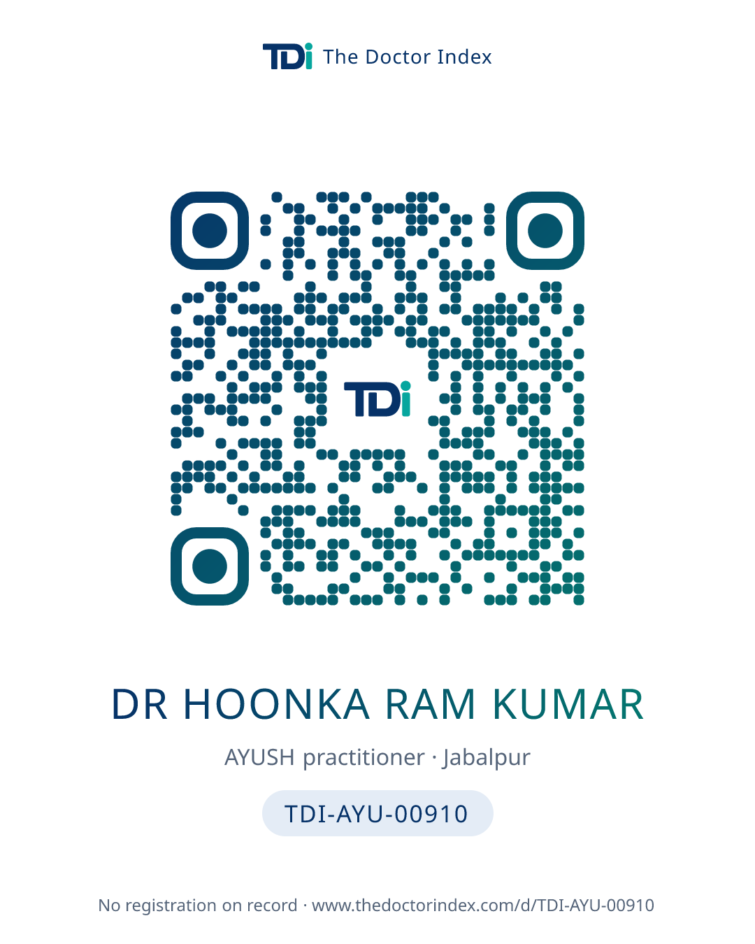 QR card for Dr Hoonka Ram Kumar, TDI-AYU-00910