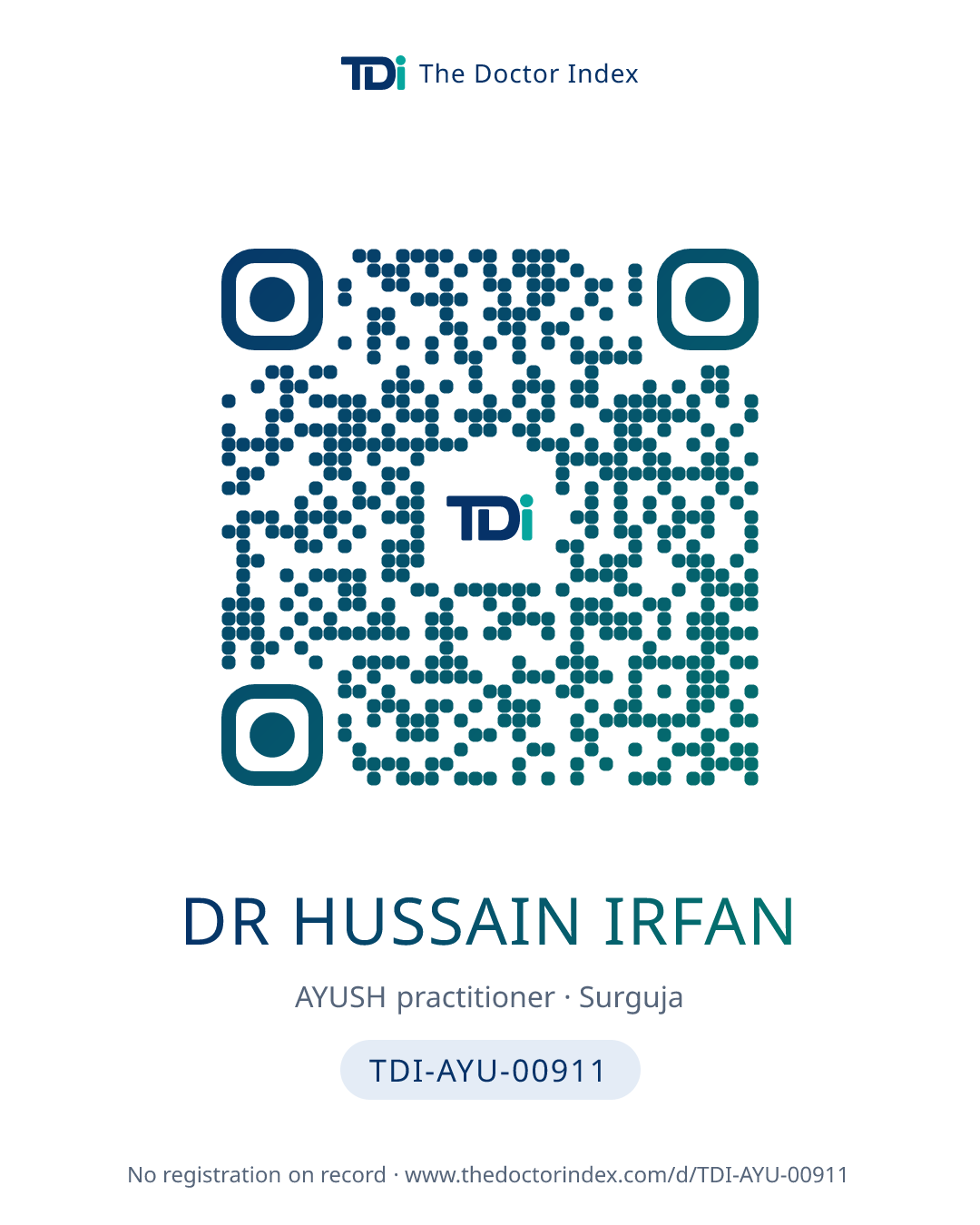 QR card for Dr Hussain Irfan, TDI-AYU-00911