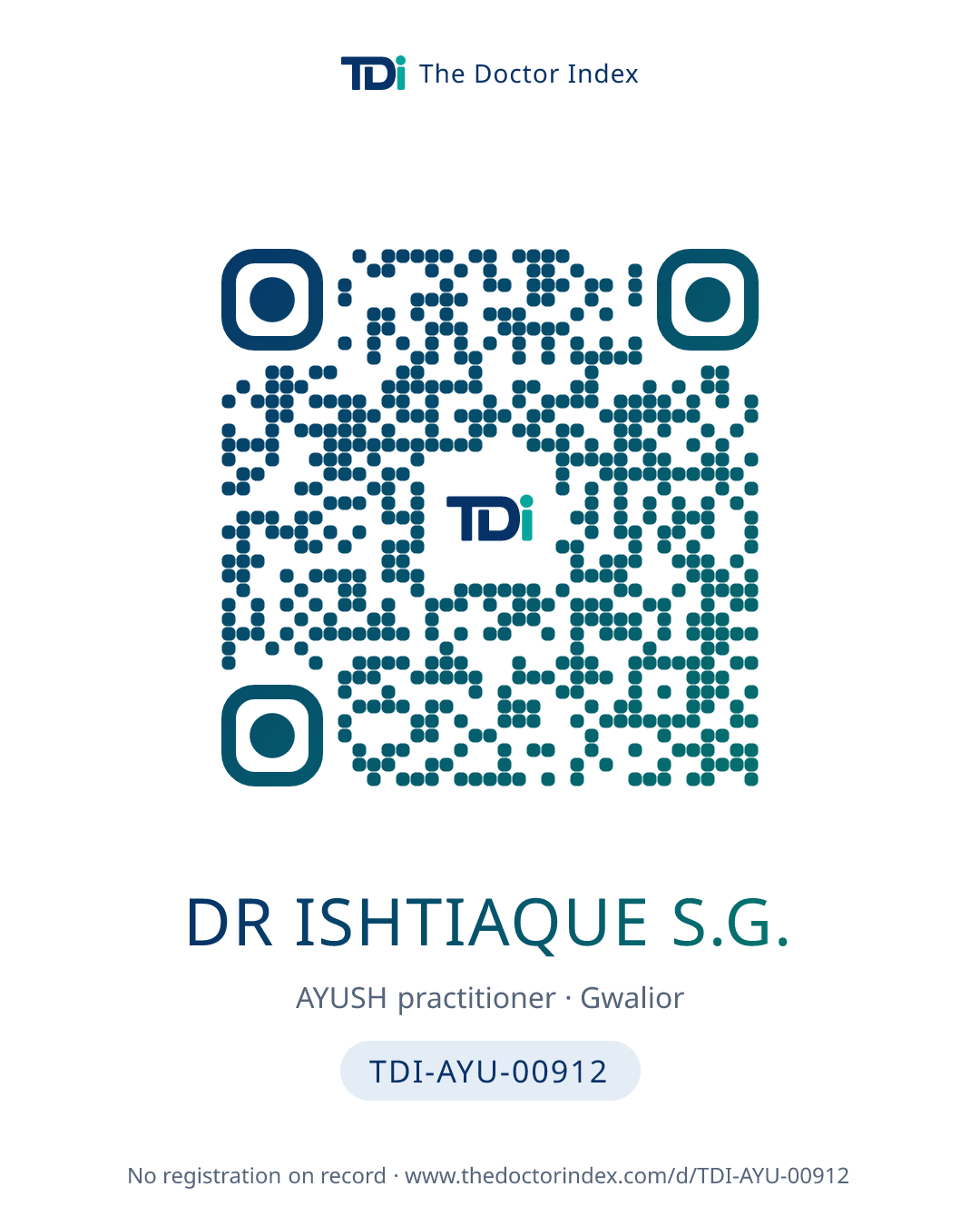 QR card for Dr Ishtiaque S.G., TDI-AYU-00912