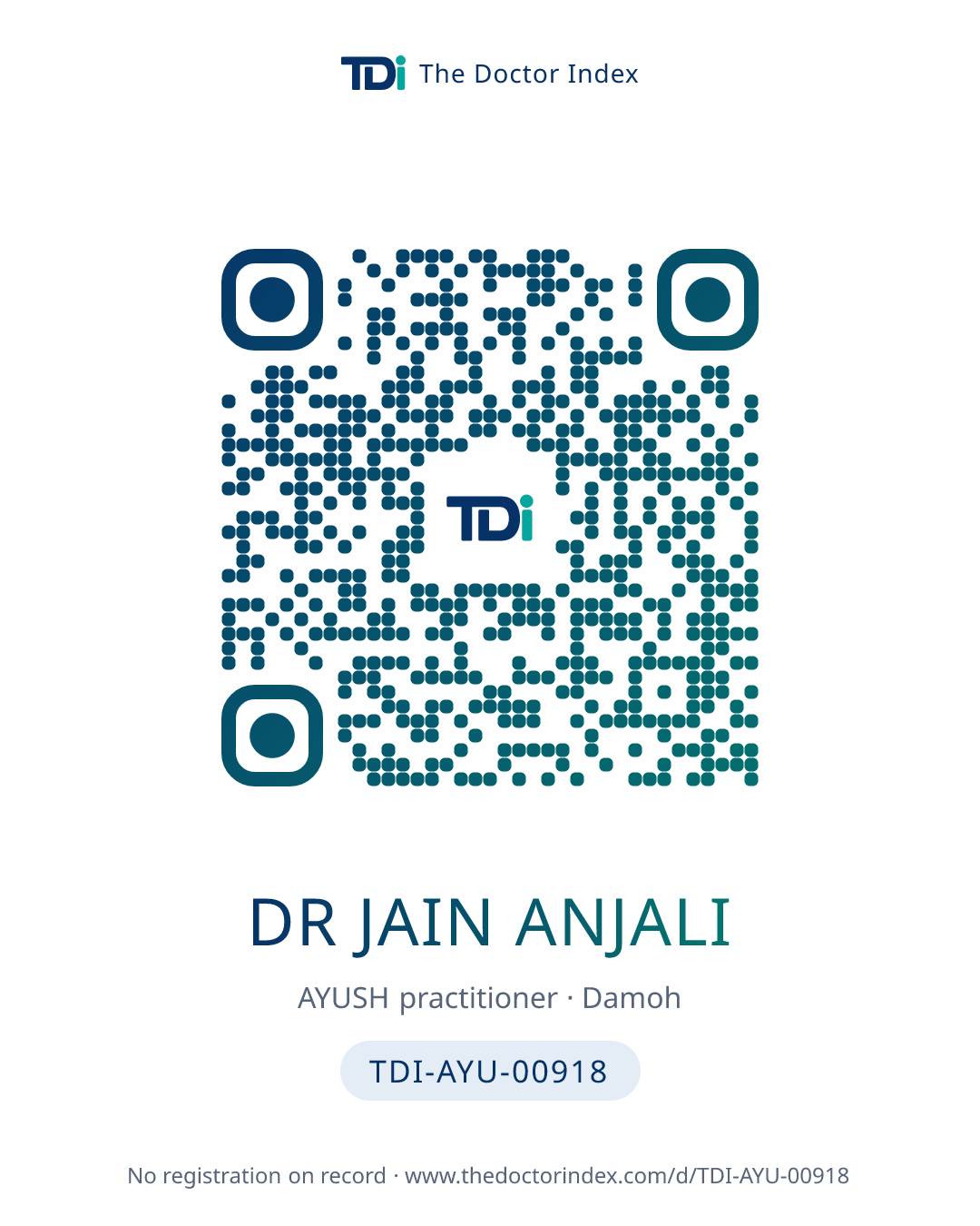 QR card for Dr Jain Anjali, TDI-AYU-00918
