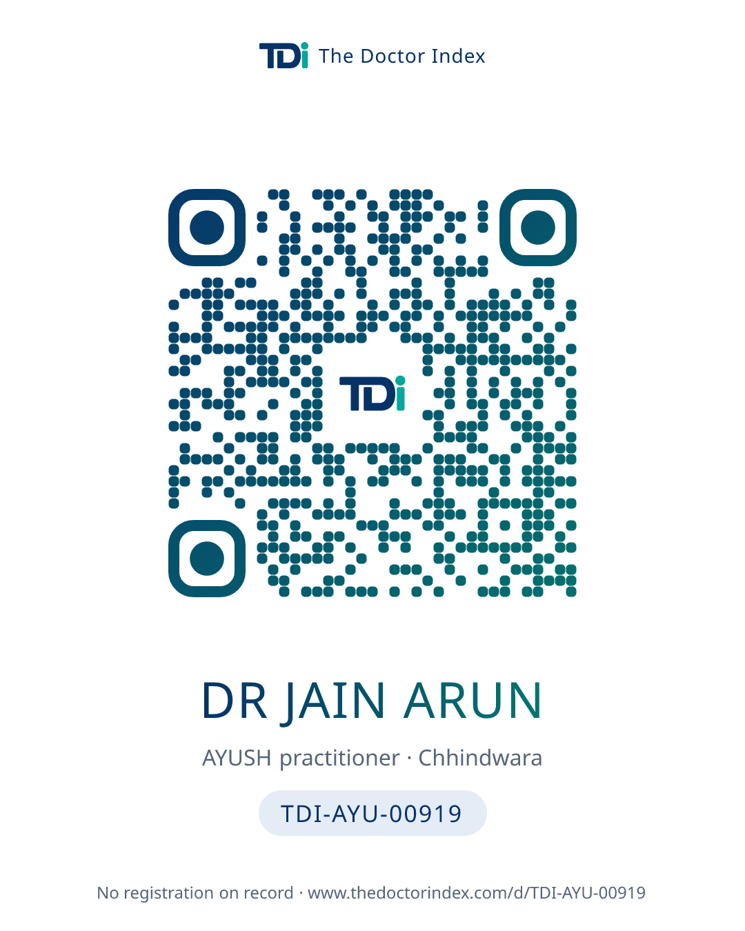 QR card for Dr Jain Arun, TDI-AYU-00919