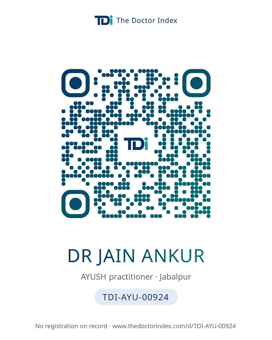 QR card for Dr Jain Ankur, TDI-AYU-00924