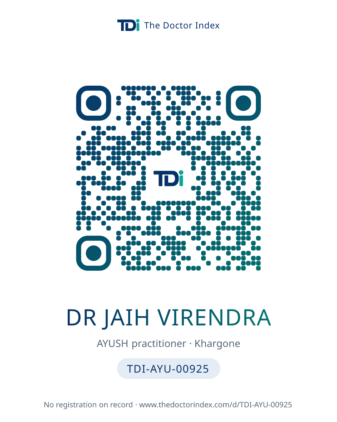 QR card for Dr Jaih Virendra, TDI-AYU-00925