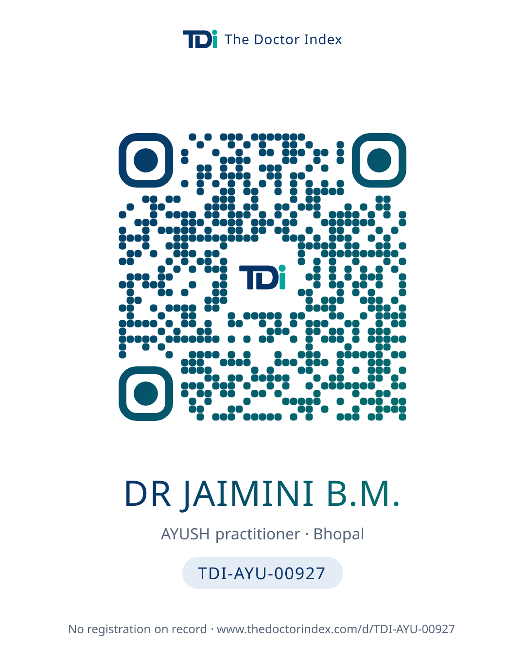 QR card for Dr Jaimini B.M., TDI-AYU-00927