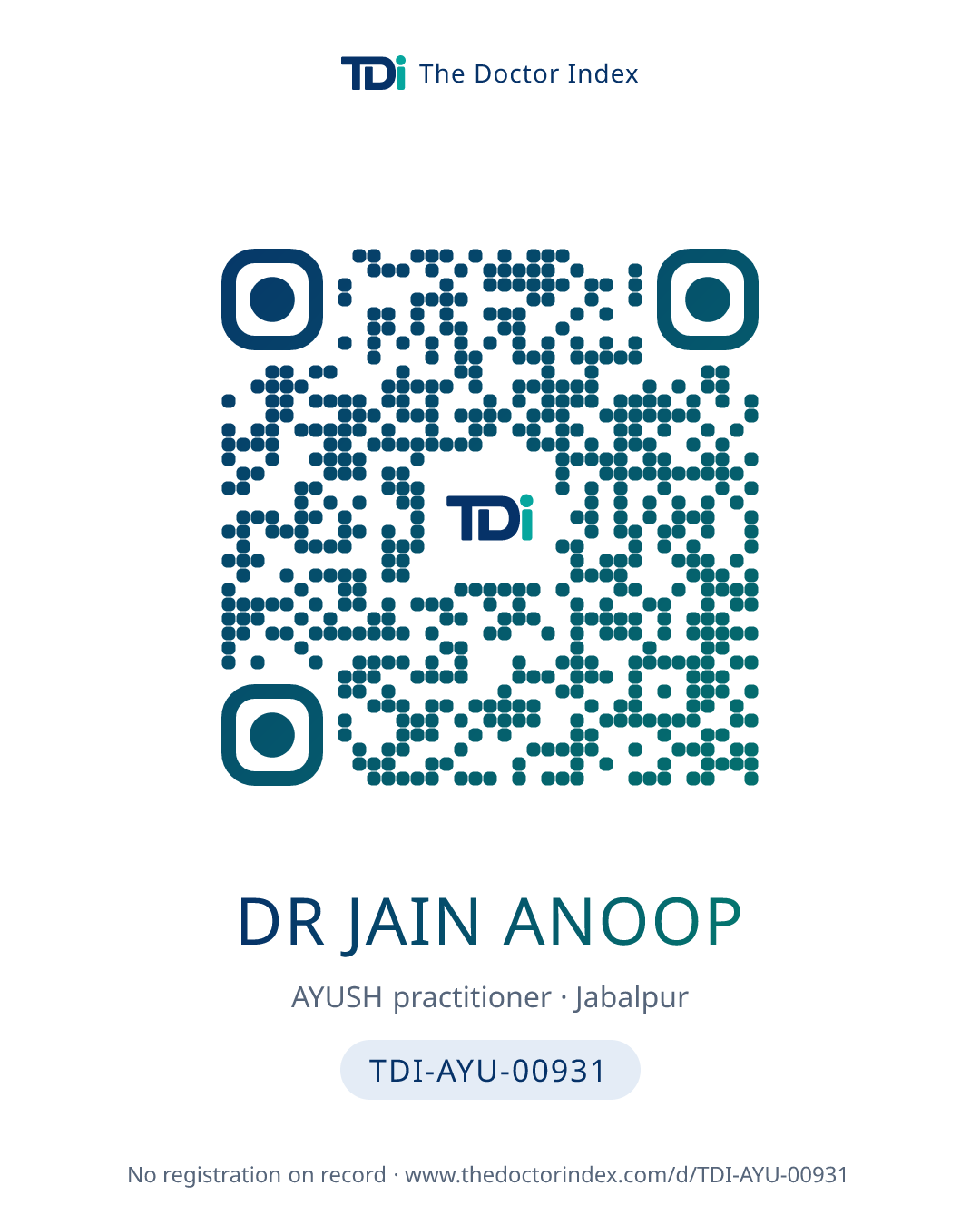 QR card for Dr Jain Anoop, TDI-AYU-00931
