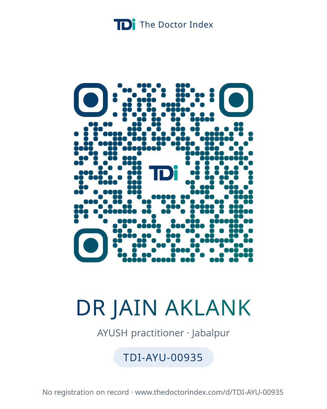 QR card for Dr Jain Aklank, TDI-AYU-00935