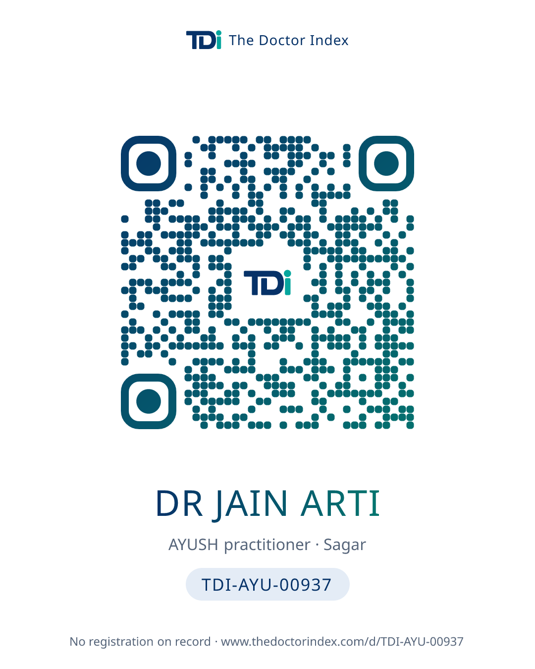 QR card for Dr Jain Arti, TDI-AYU-00937
